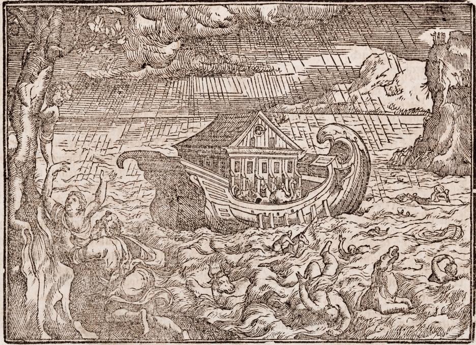 In dieser frühen Kinderbibel wird die Arche als gewaltiges, schwankendes Schiff auf tosender See in Szene gesetzt.