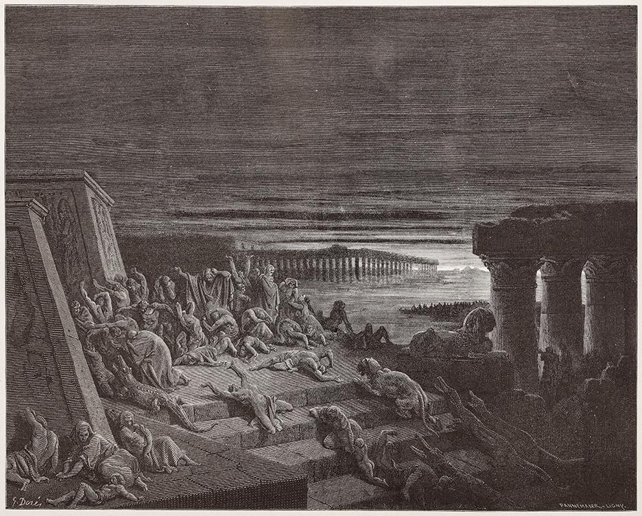 Doré verwendete gerne die Chiaroscuro-Technik, die hell-dunkle Malerei kontrastiert. Diese Technik wurde in der vorliegenden Illustration zur dreitägigen Finsternis meisterhaft ausgeführt.