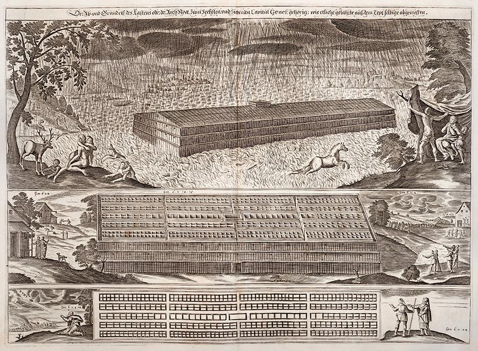 Die Arche wird hier textgetreu als dreistöckiger Kasten abgebildet. Im Mittelpunkt stehen nicht Mensch und Tier, wie sie in den Fluten um ihr Leben kämpfen, sondern es wird nüchtern eine Anleitung zum Bauplan der Arche gegeben.