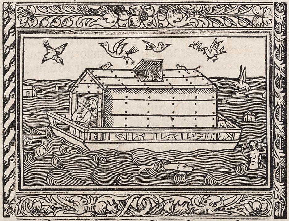 The focus of the woodcut is the ark. The animals are in the hull or protrude from the roof through a hatch. Noah and his wife stand at the stern of the ship, looking out over the raging sea, where people and animals are fighting for their lives.