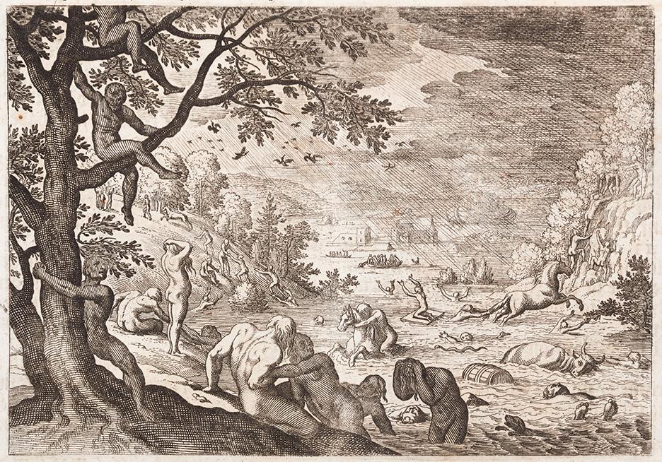Der Kupferstich zeigt nicht vordergründig die Arche, sondern den Kampf von Mensch und Tier in den tosenden Wassern, die versuchen, an das rettende Ufer zu gelangen.